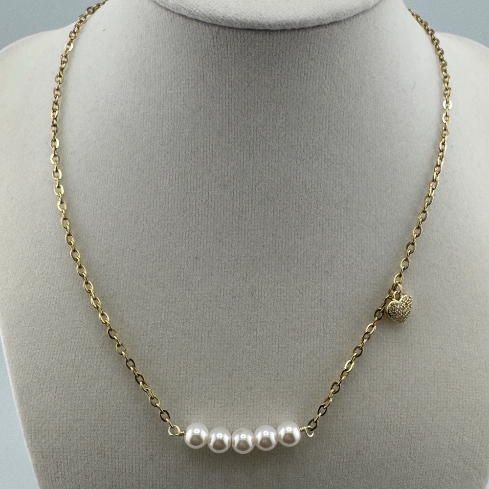 Gold Tone Faux Pearl Station Necklace with Pave Rhinestone Heart Charm‎